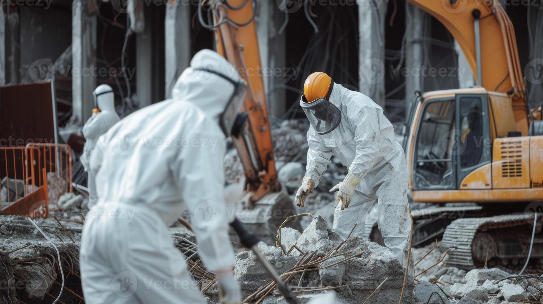 A crew in full protective gear carefully removing asbestos and other hazardous materials from a demolition site ensuring a safe and clean work environment photo