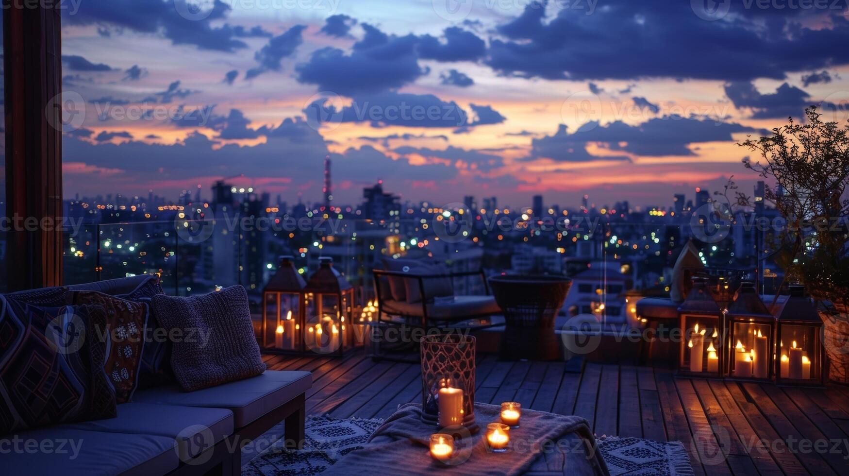 A mystical atmosphere is brought to life by the soft glow of candles and the breathtaking city view from the rooftop. 2d flat cartoon photo