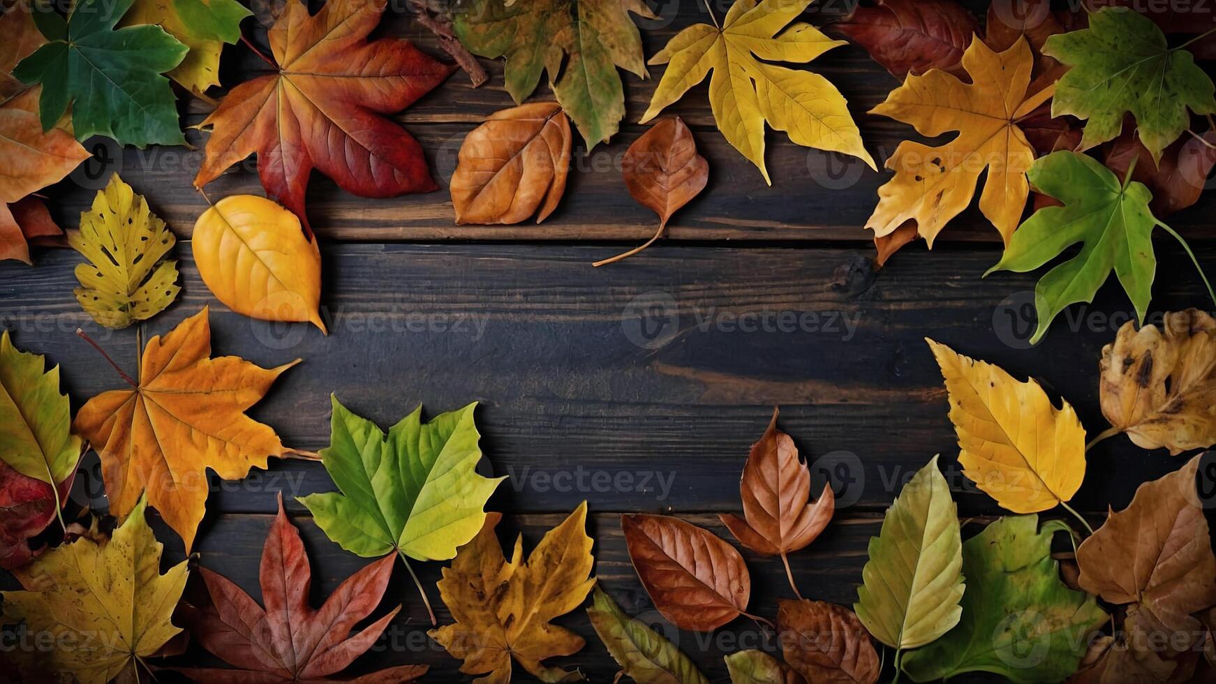 Autumn leaves on wooden fall background. Fallen leaves in warm colors, red, orange, yellow. Minimal seasonal design with copy space. photo