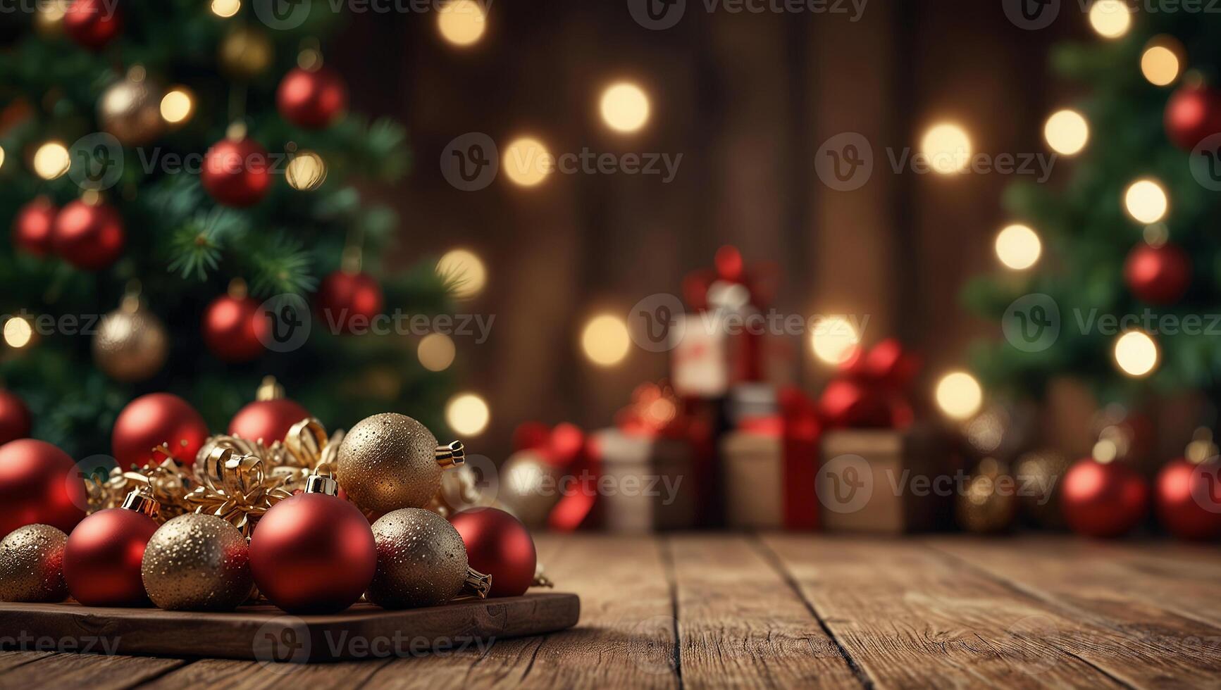 Festive blurred background with empty wooden surface. Sparkling Christmas tree, Christmas balls, gift boxes. Winter celebration concept. Space for text. For poster, greeting card, advertising photo