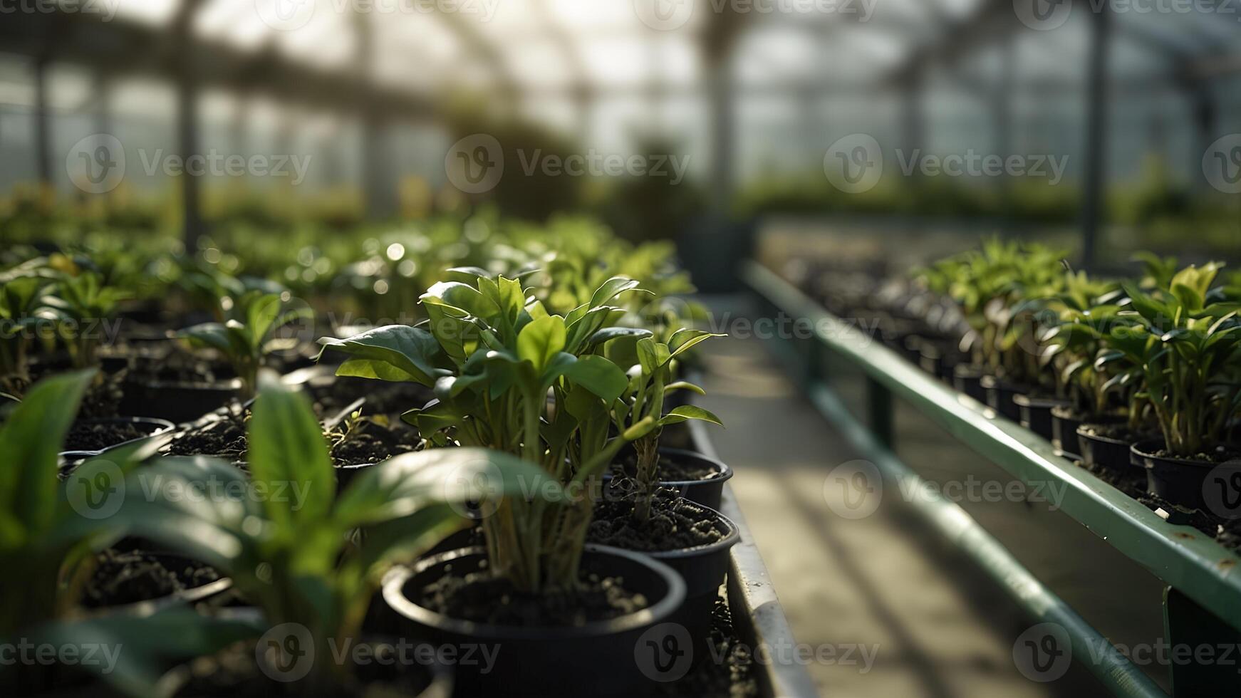 Young plants, sprouts in pots growing in a greenhouse. Blurred nature background. Crop cultivation concept photo