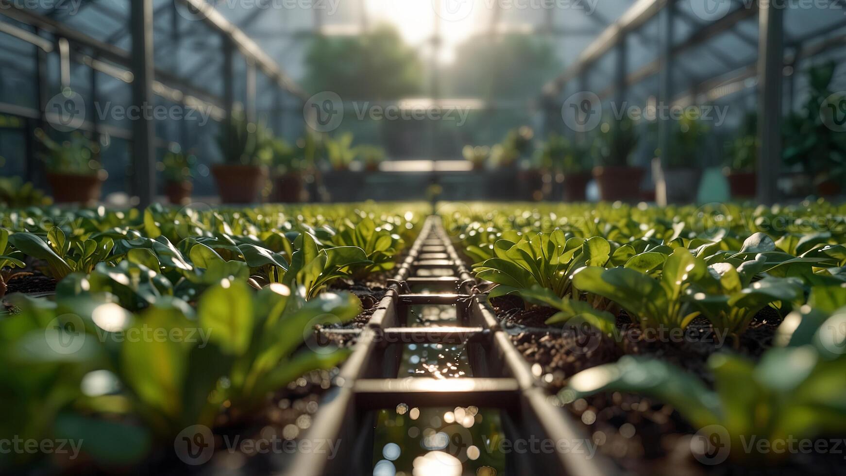 Young plants, sprouts growing in a greenhouse. Blurred nature background. Crop cultivation concept photo