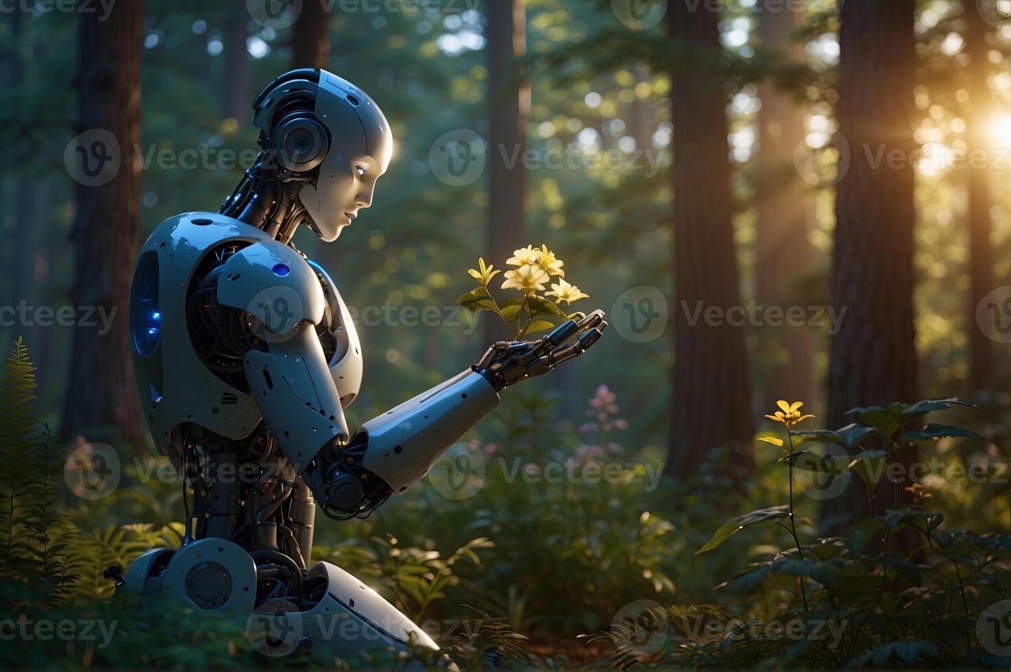A humanoid robotic kneels and gently holds in hands to flowers. Green forest clearing, surrounded by trees with golden sunlight. Ecology, technology, peace, cooperation concept photo