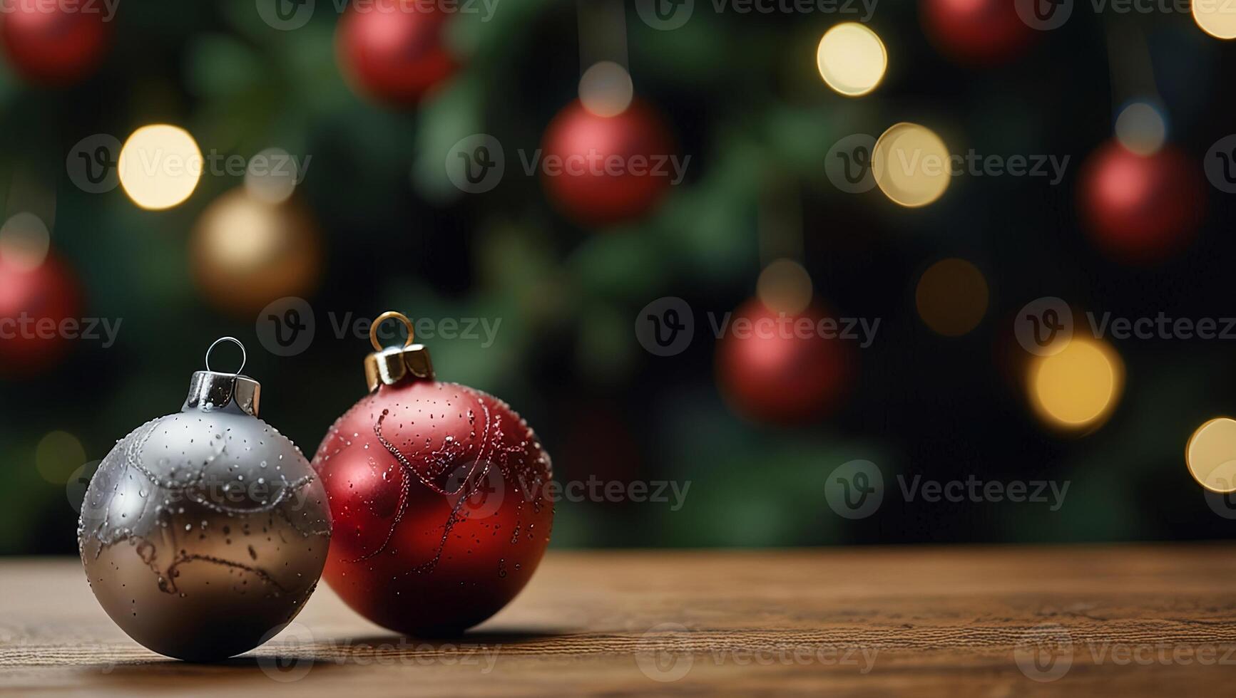 Festive blurred background with empty wooden surface. Sparkling Christmas tree with Christmas balls. Winter celebration concept. Space for text. For poster, greeting card, advertising photo