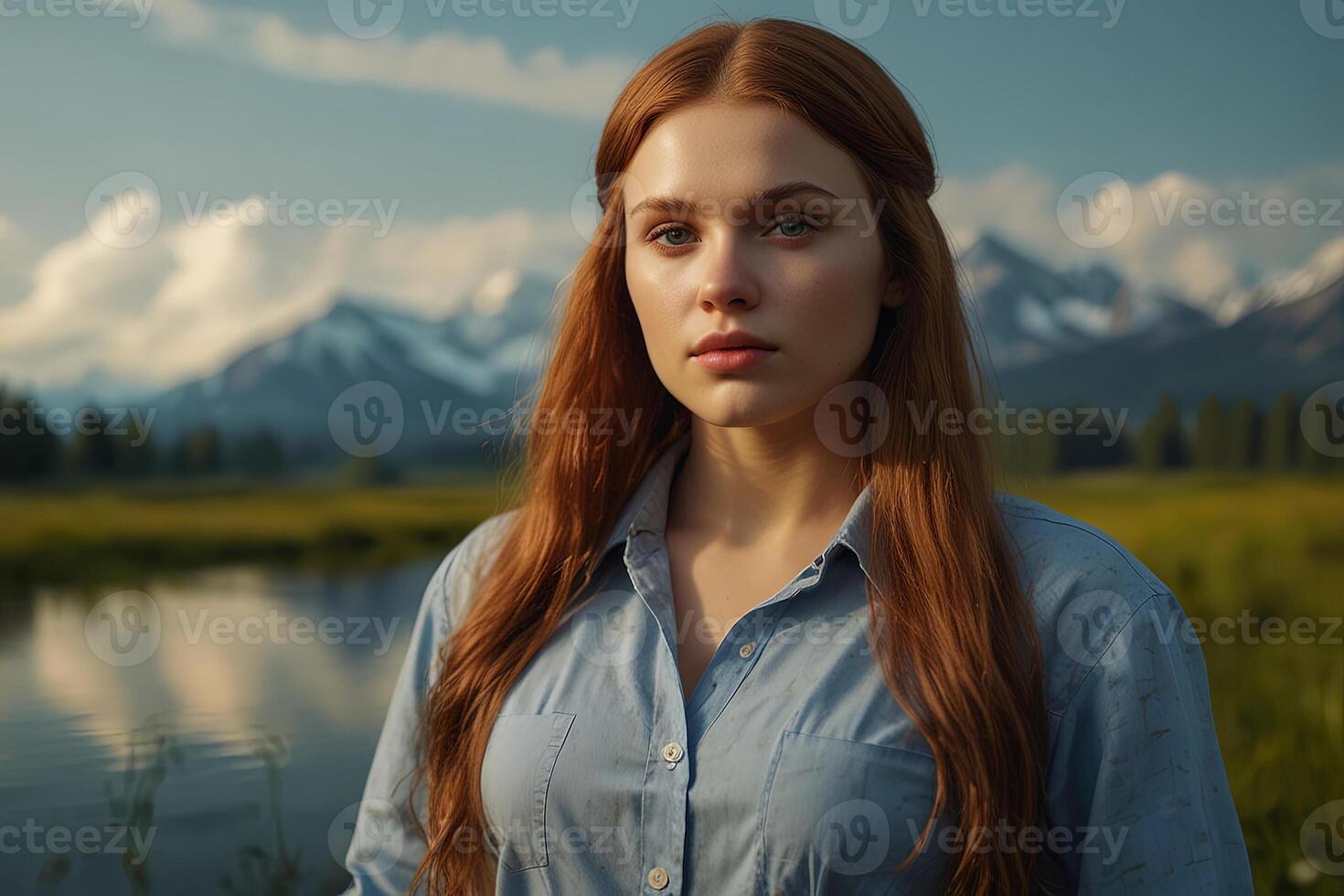 A pretty young woman with red hair in a blue shirt stands in a field in scenic beauty with mountains and lake in the background. photo