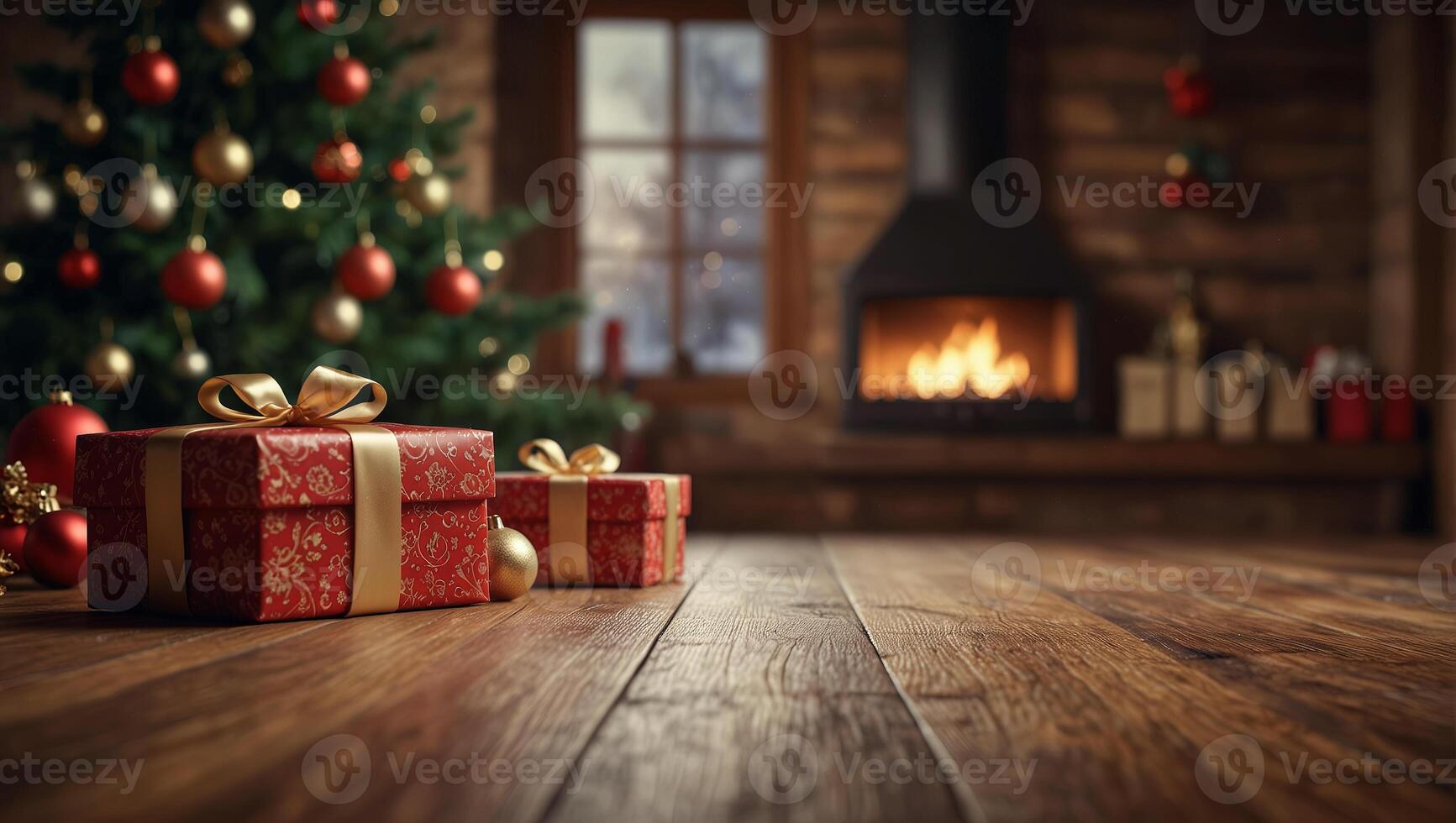 Festive blurred background with wooden surface. Gift box with golden bow, fireplace, Christmas tree. Winter celebration concept. Space for text. For poster, greeting card, advertising photo