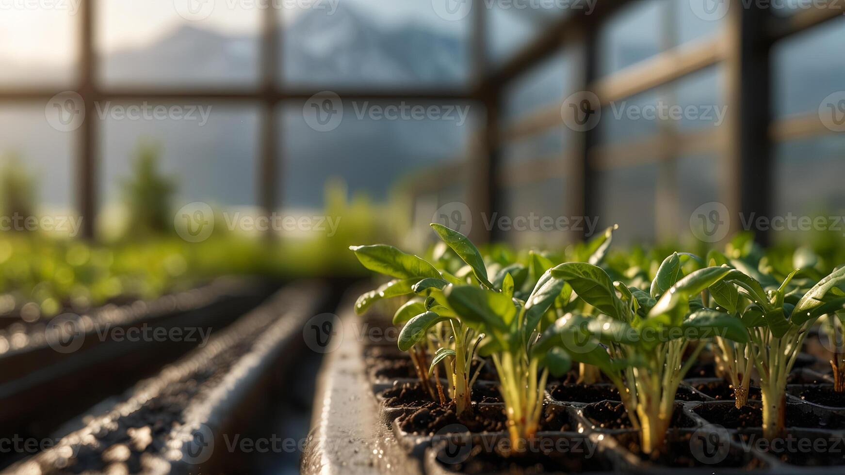 Young plants, sprouts growing in a greenhouse. Blurred nature and mountains background. Crop cultivation concept photo