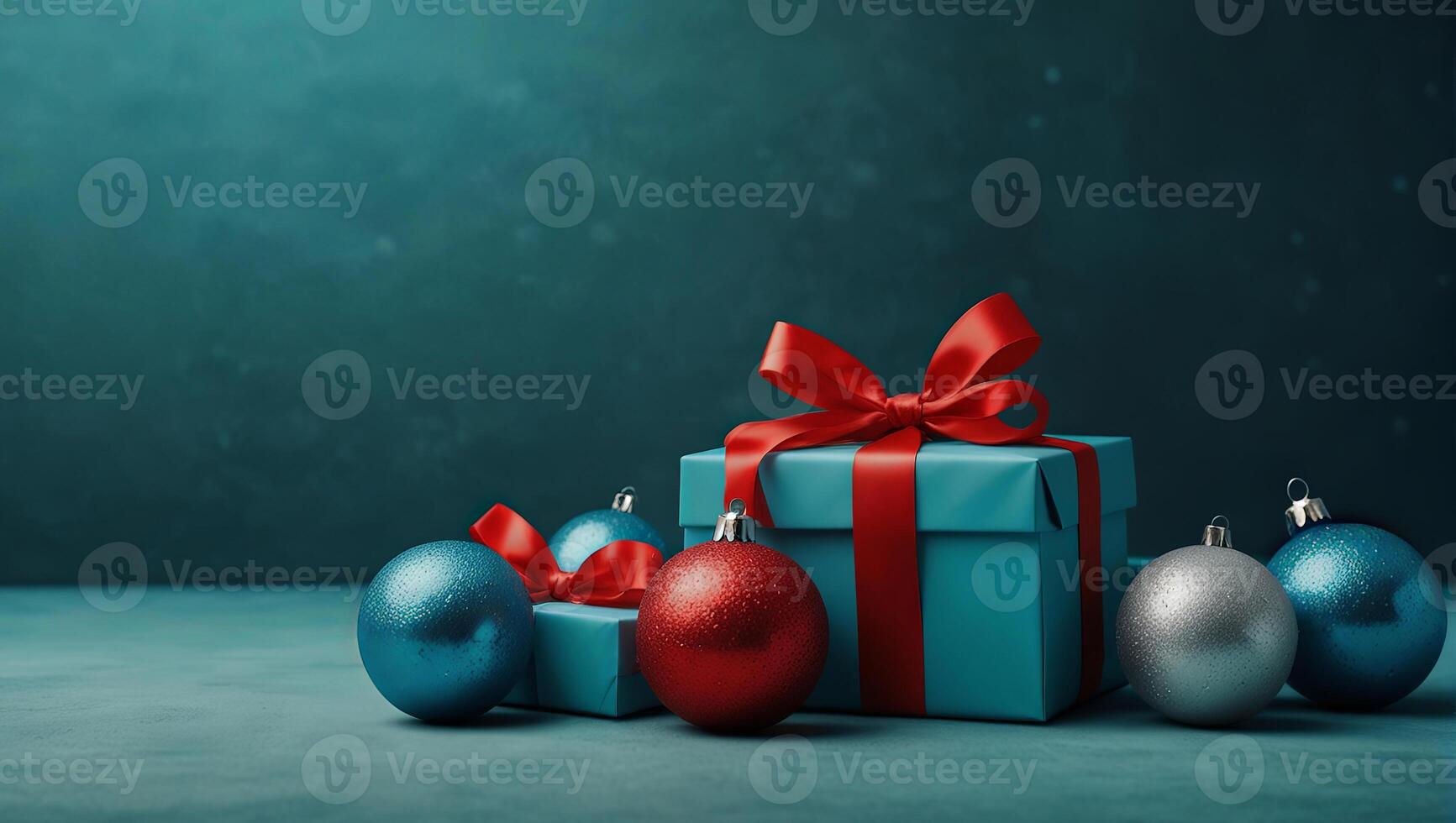 Turquoise blue background with Christmas balls, gift boxes with a red bow and ribbon. Winter celebration concept, space for text. photo