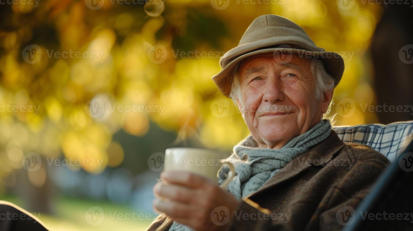 A healthy retirement A retiree enjoys a cup of herbal tea while sitting on a park bench appreciating the beauty of nature and incorporating healthy habits into their retiremen photo