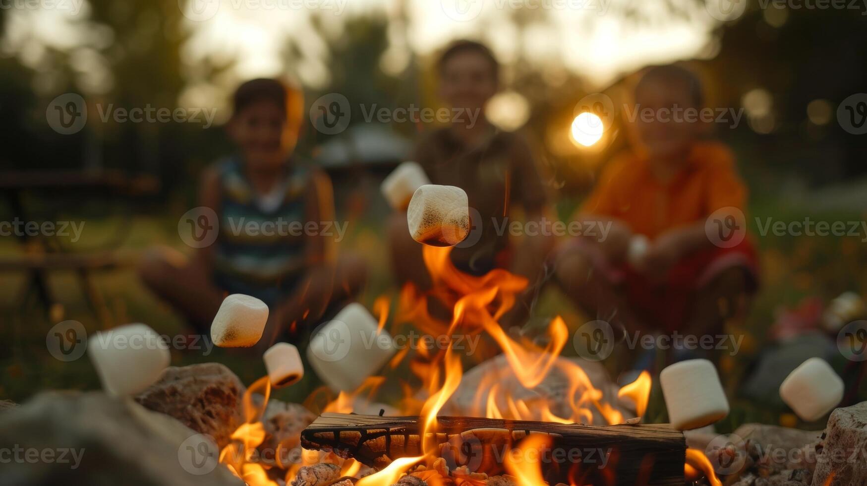 un grupo de niños ansiosamente esperando para su Malvaviscos a giro dorado marrón terminado un fuego pozo foto