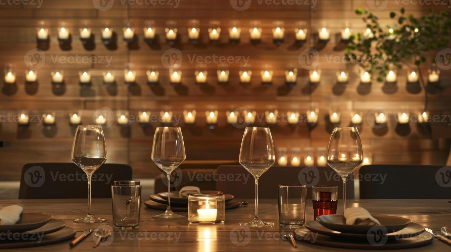 The candle wall serves as a dramatic backdrop to a sleek and modern dining room adding a touch of romance to the space. 2d flat cartoon photo