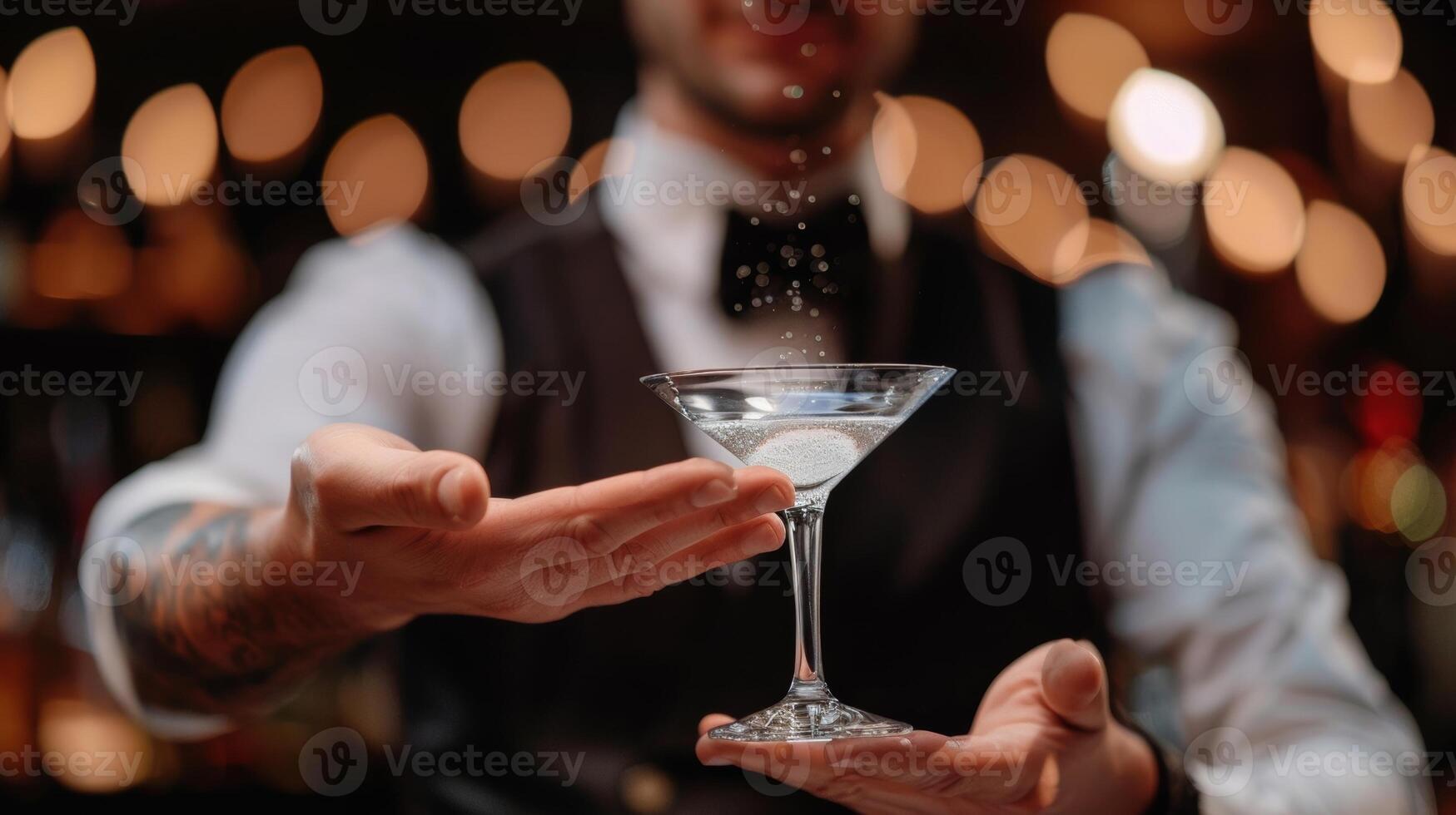 The magician invites an audience member to assist with a trick and together they make a mocktail appear inside a previously empty glass photo