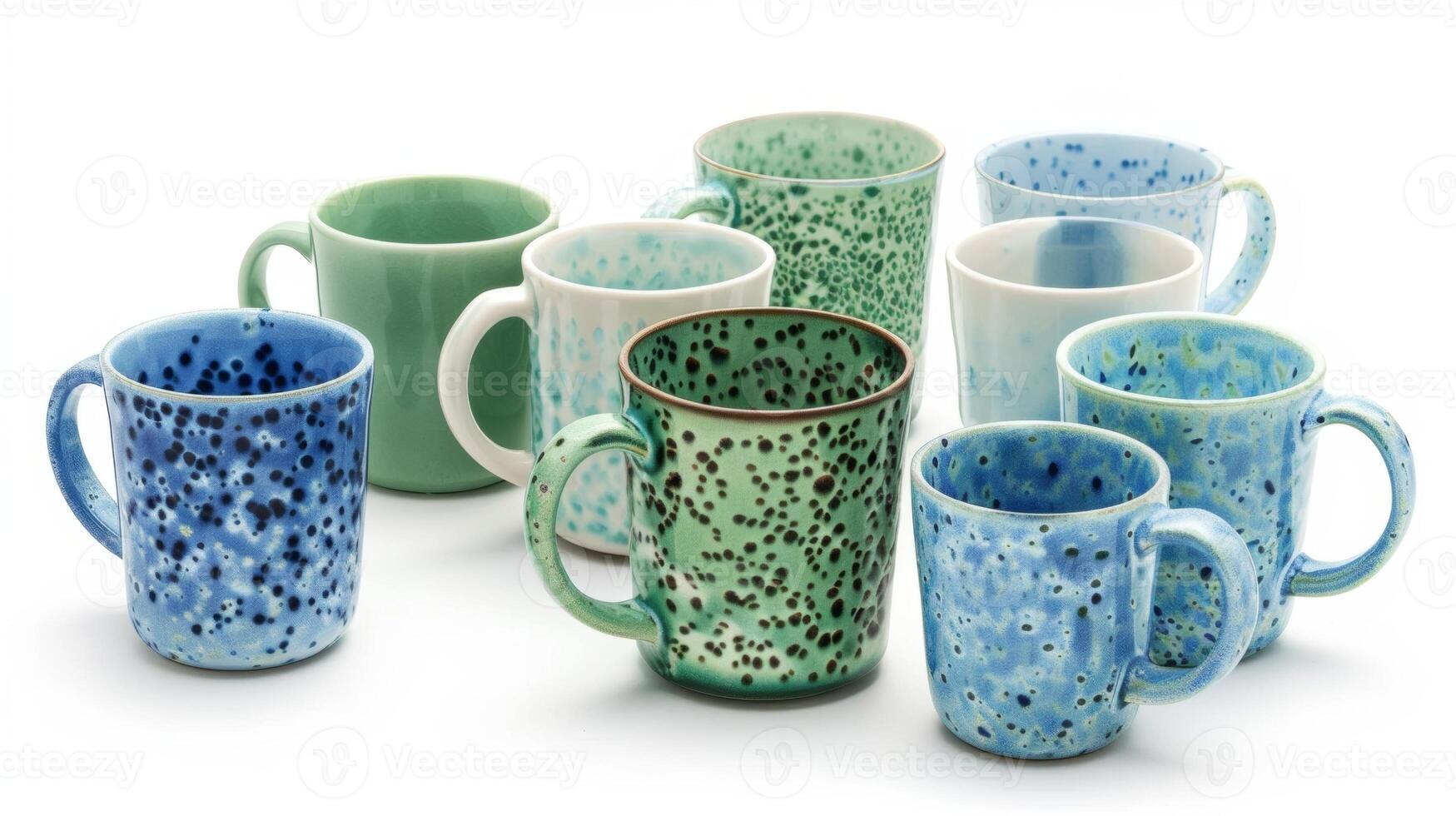 A set of ceramic mugs in various shades of blue and green mimicking the appearance of terrazzo flooring. photo