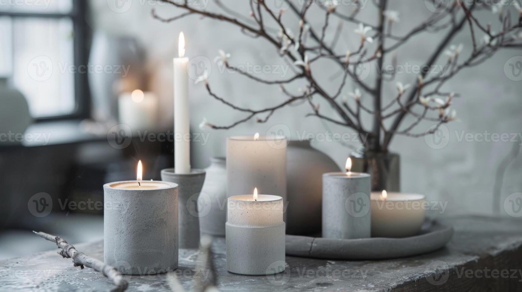 The minimalist style of the concrete holders and candles adds a touch of modernity to the space while still maintaining a cozy and inviting feel. 2d flat cartoon photo