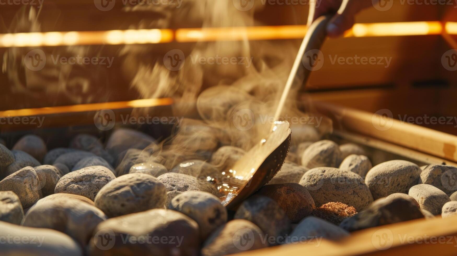 A depiction of someone using a sauna shovel to carefully add water to the sauna rocks and create steam always being cautious of the hot surfaces. photo
