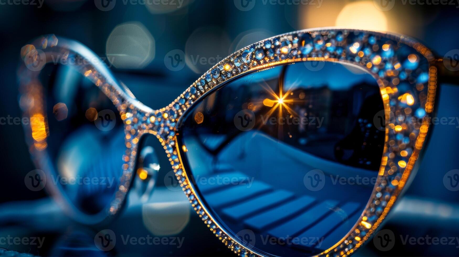 A closeup shot captures the intricate details of a pair of cat eye sunglasses featuring delicate embellishments and patterns photo