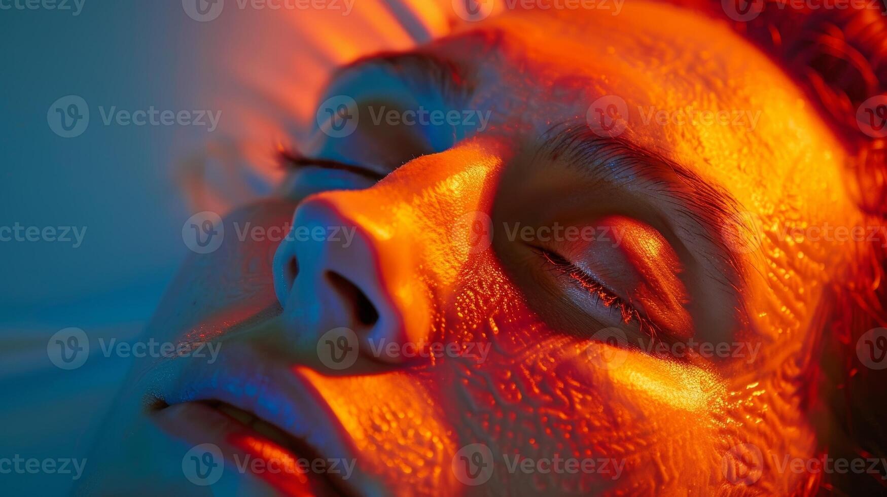 The soft glow of the infrared lights reflected on the persons skin creating a sense of warmth and comfort in the healing process. photo