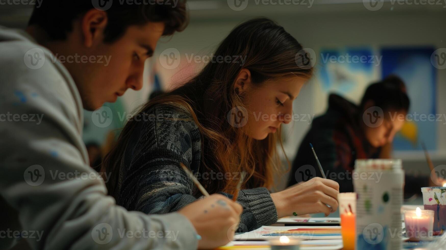 The soft candlelight reflects off the shiny skysers in the distance a contrast to the gentle brushstrokes of the students paintings. 2d flat cartoon photo