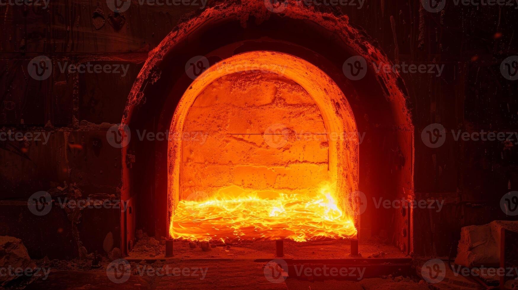 A bright orange glow coming from inside a closed kiln signaling that the firing process is underway. photo