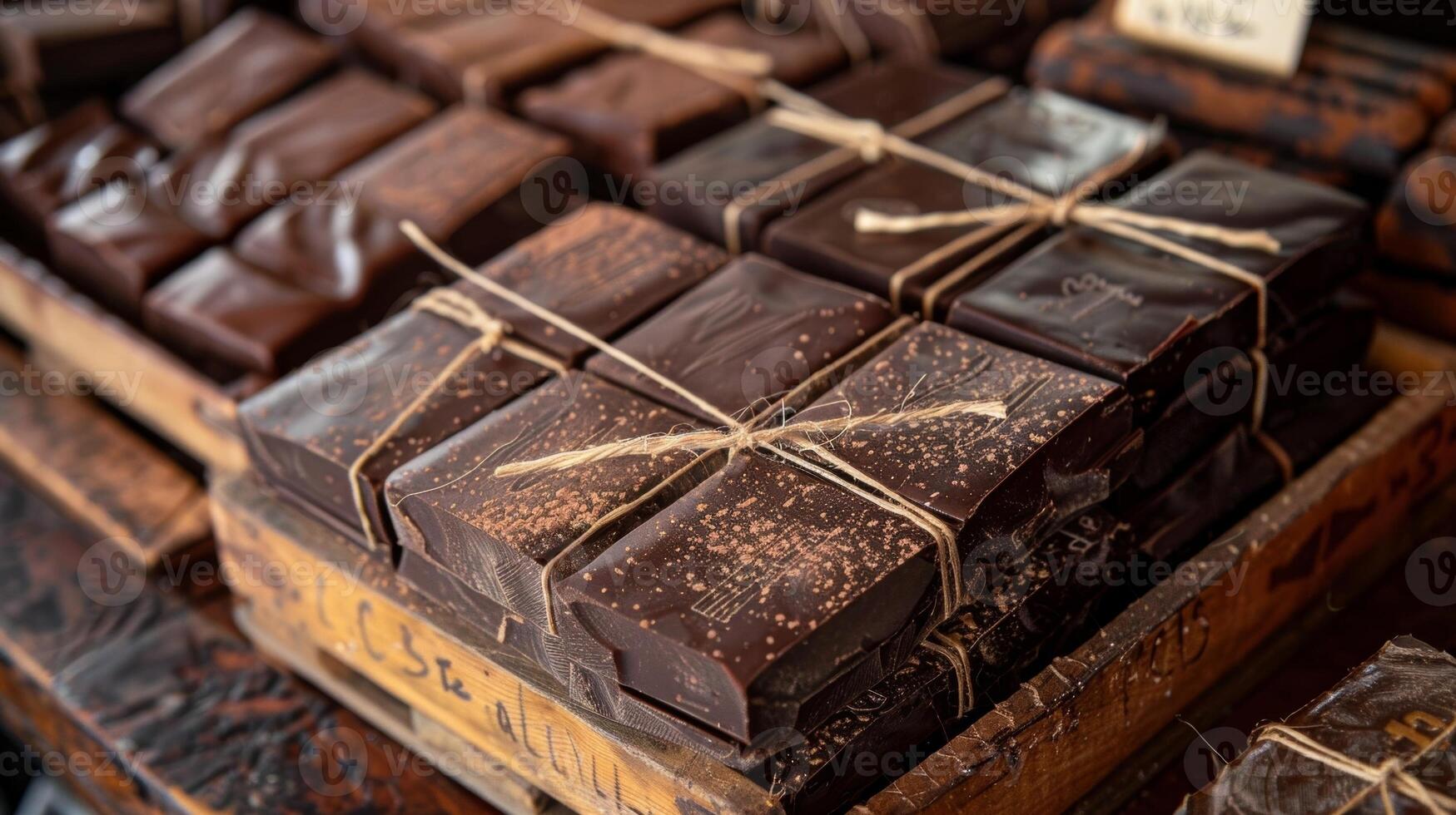 A tray of beautifully wrapped chocolate bars with labels handwritten by their creators each one a unique flavor combination photo