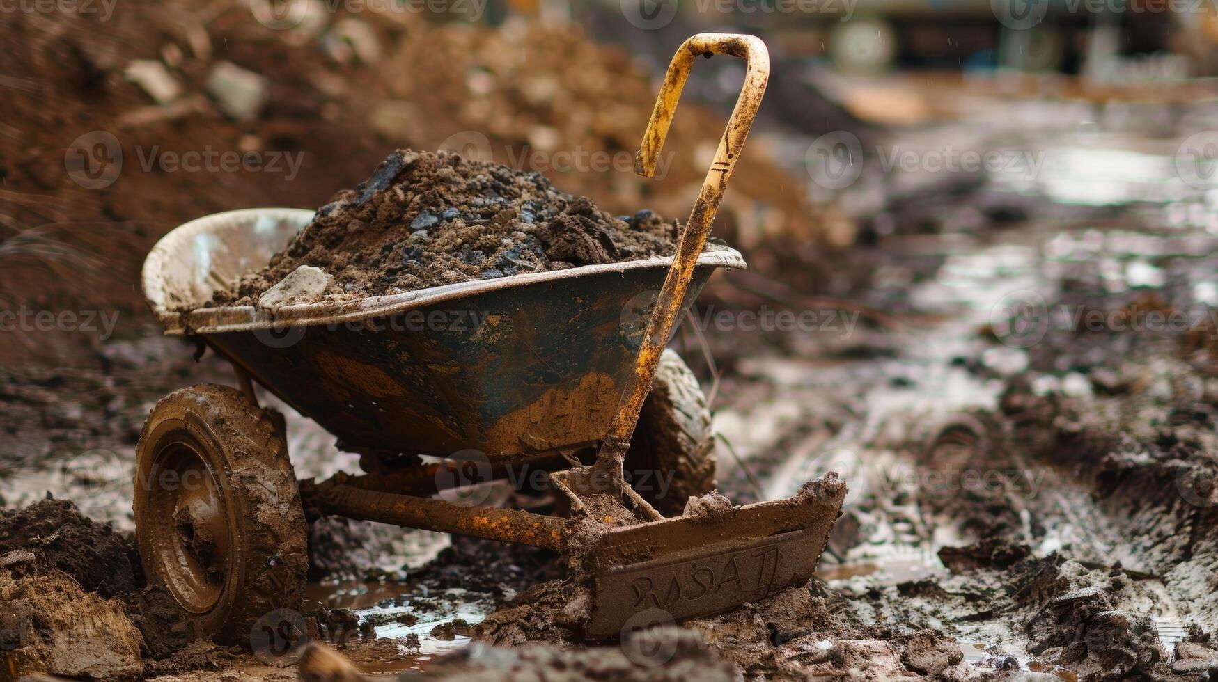 A muddy wheelbarrow parked next to a large pile of dirt both drenched from the storm photo