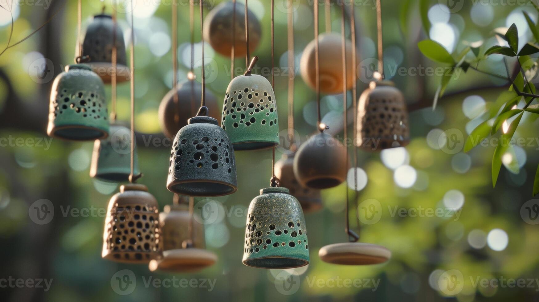 A handshape ceramic wind chime featuring a mix of textured hanging pieces and intricately shaped bells. photo