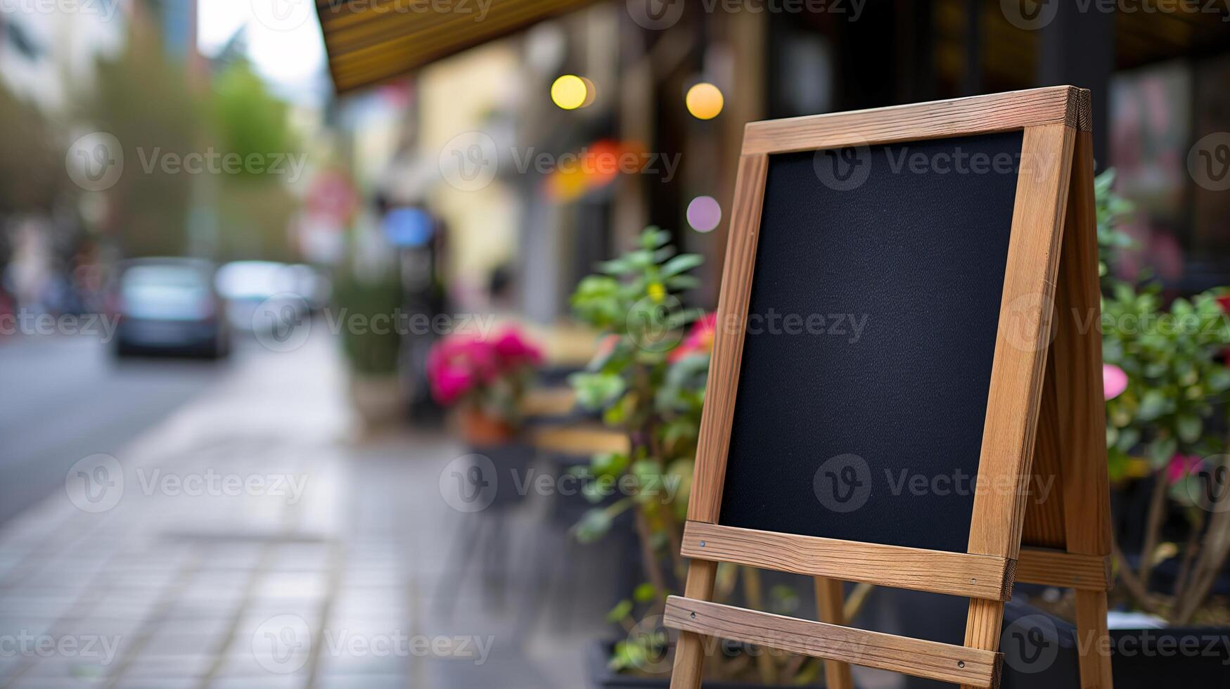 AI generated Empty Menu Board on Cobblestone Street with Lush Plants photo