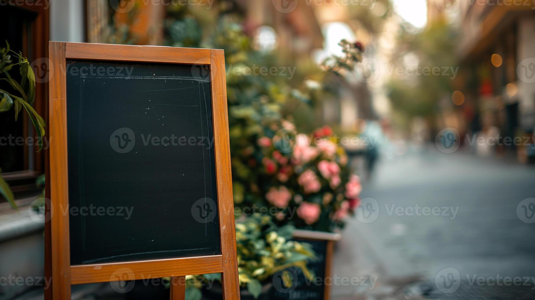 AI generated Empty Menu Board on Cobblestone Street with Lush Plants photo