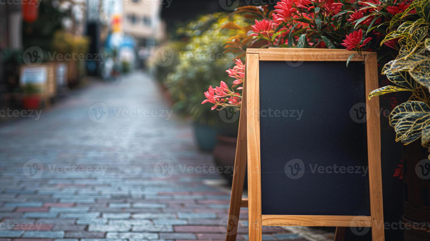 AI generated Empty Menu Board on Cobblestone Street with Lush Plants photo