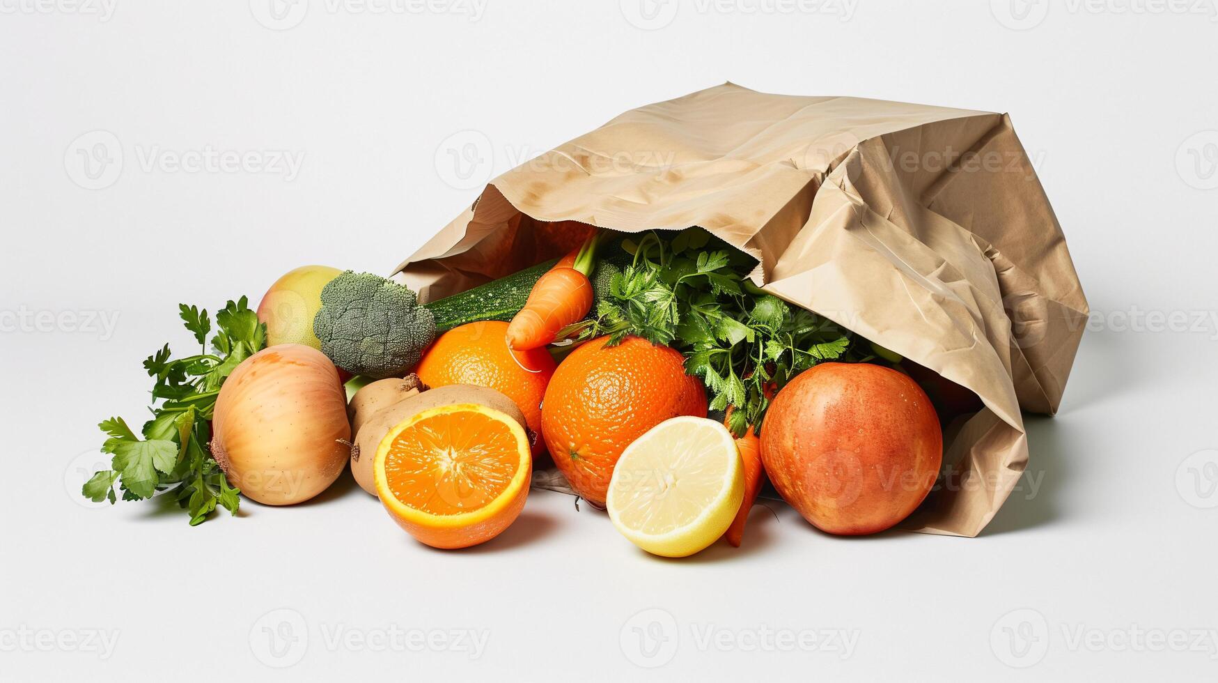 AI generated Vibrant Selection of Fresh Fruits and Vegetables Spilling from Brown Paper Bag on Neutral Background photo