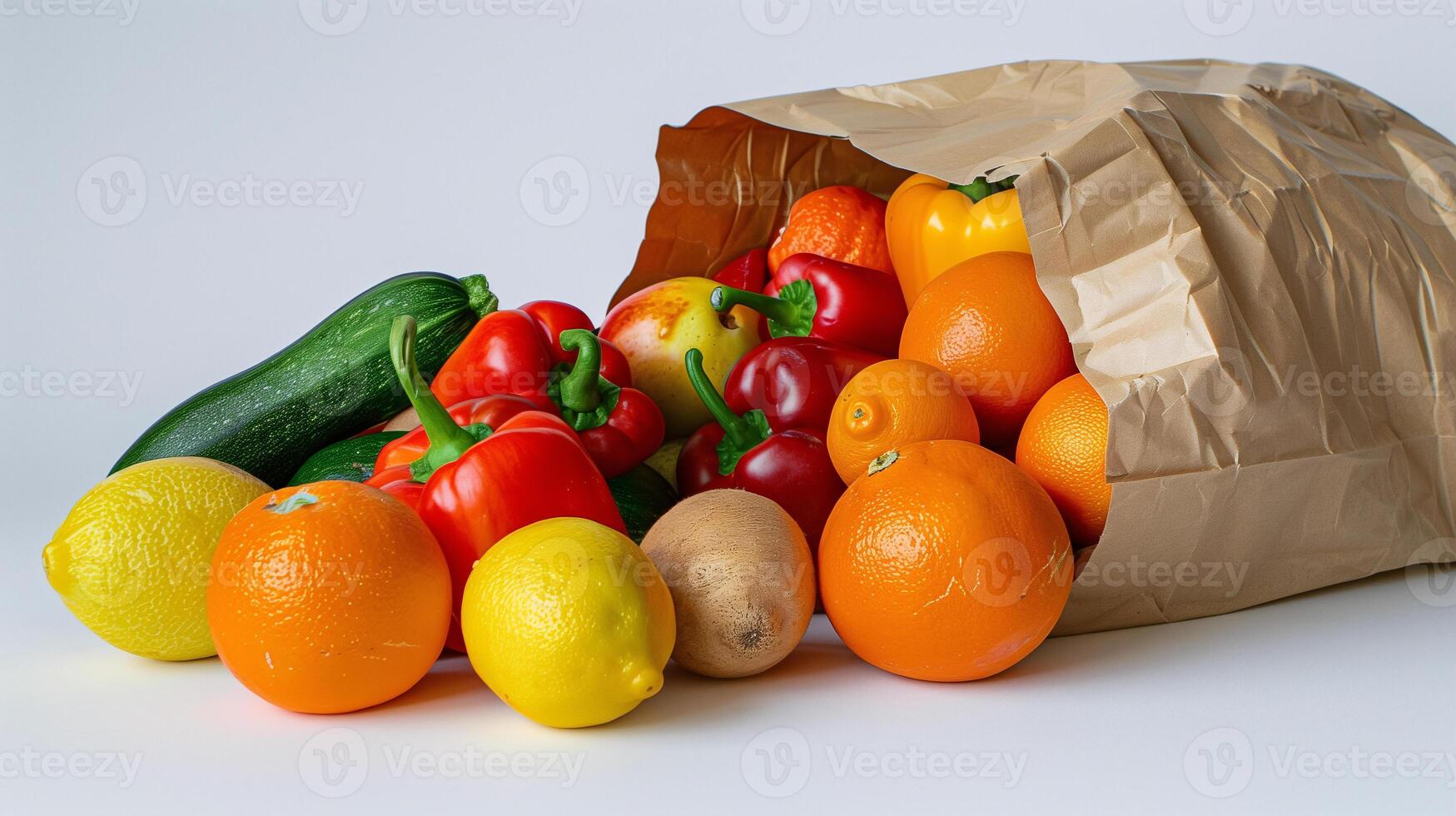 ai generado vibrante selección de Fresco frutas y vegetales derramar desde marrón papel bolso en neutral antecedentes foto