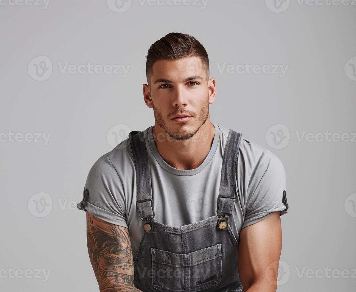 AI generated Portrait of a Confident Young Man Wearing Grey Shirt and Black Overalls with a Serious Expression Against a Neutral Background photo