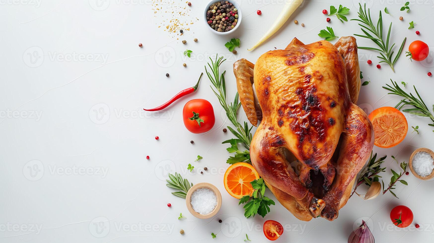 AI generated Roasted Whole Chicken with Fresh Herbs and Spices on White Background photo