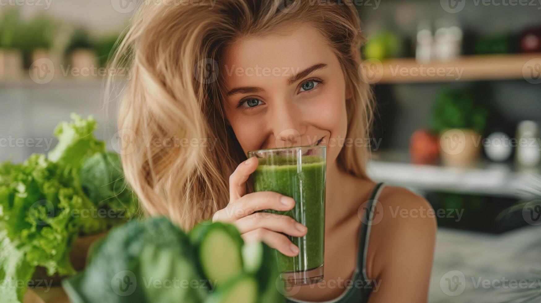 AI generated Joyful Woman in Kitchen Savoring Green Detox Smoothie for Balanced Diet and Nutrition photo