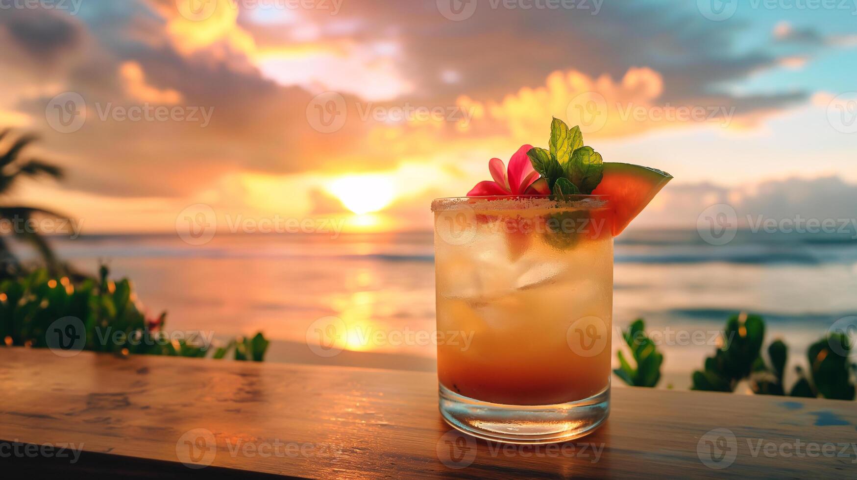 AI generated Tropical Beach Cocktail at Sunset with Exotic Fruit Garnish photo