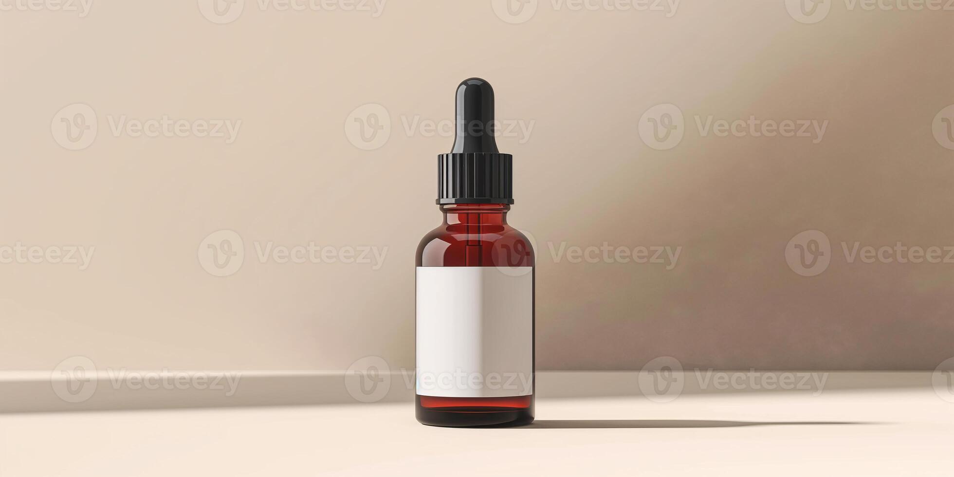 AI generated Amber Glass Dropper Bottle with Blank Label on Neutral Background photo