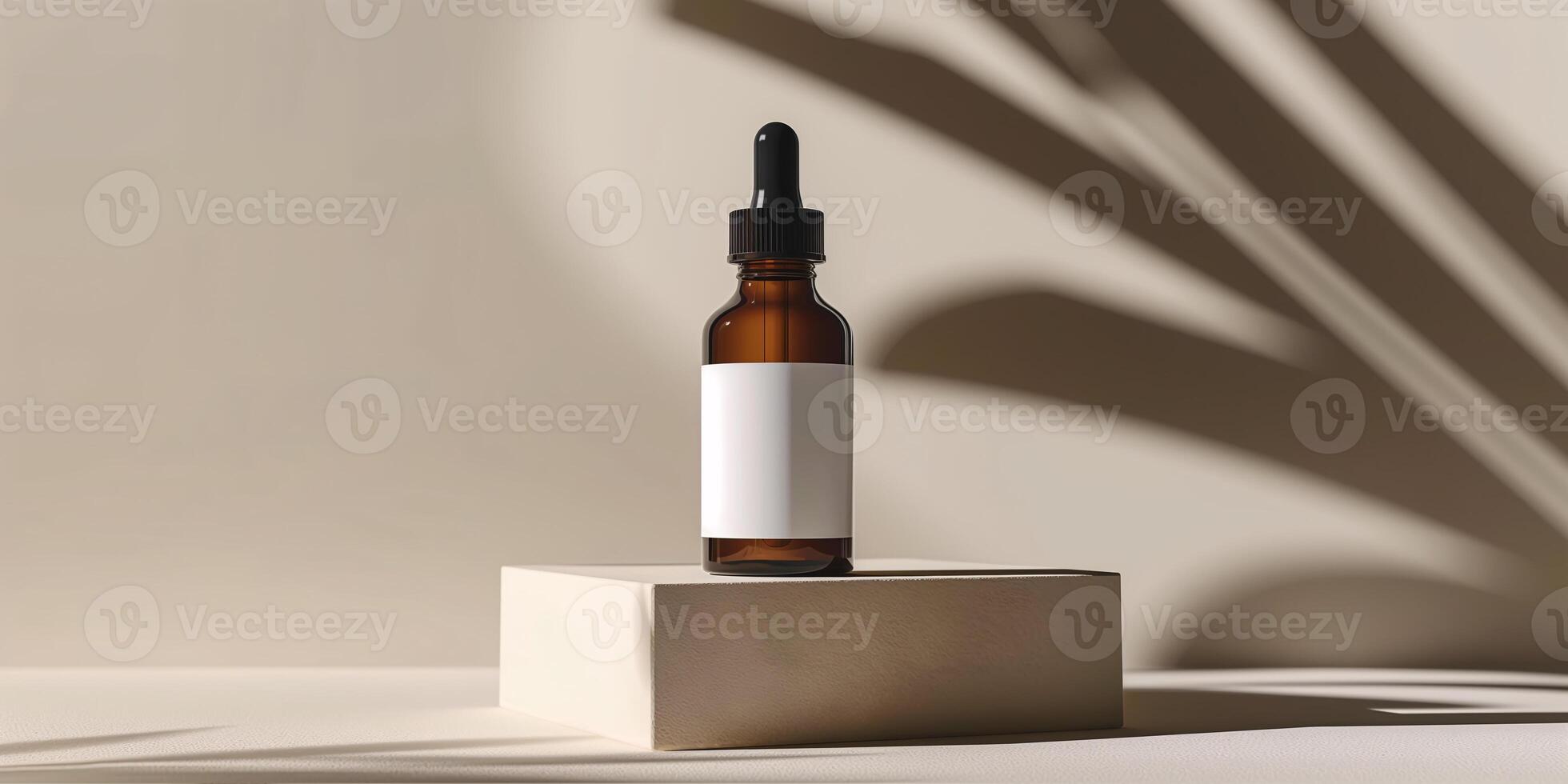 AI generated Amber Glass Dropper Bottle with Blank Label on Neutral Background photo