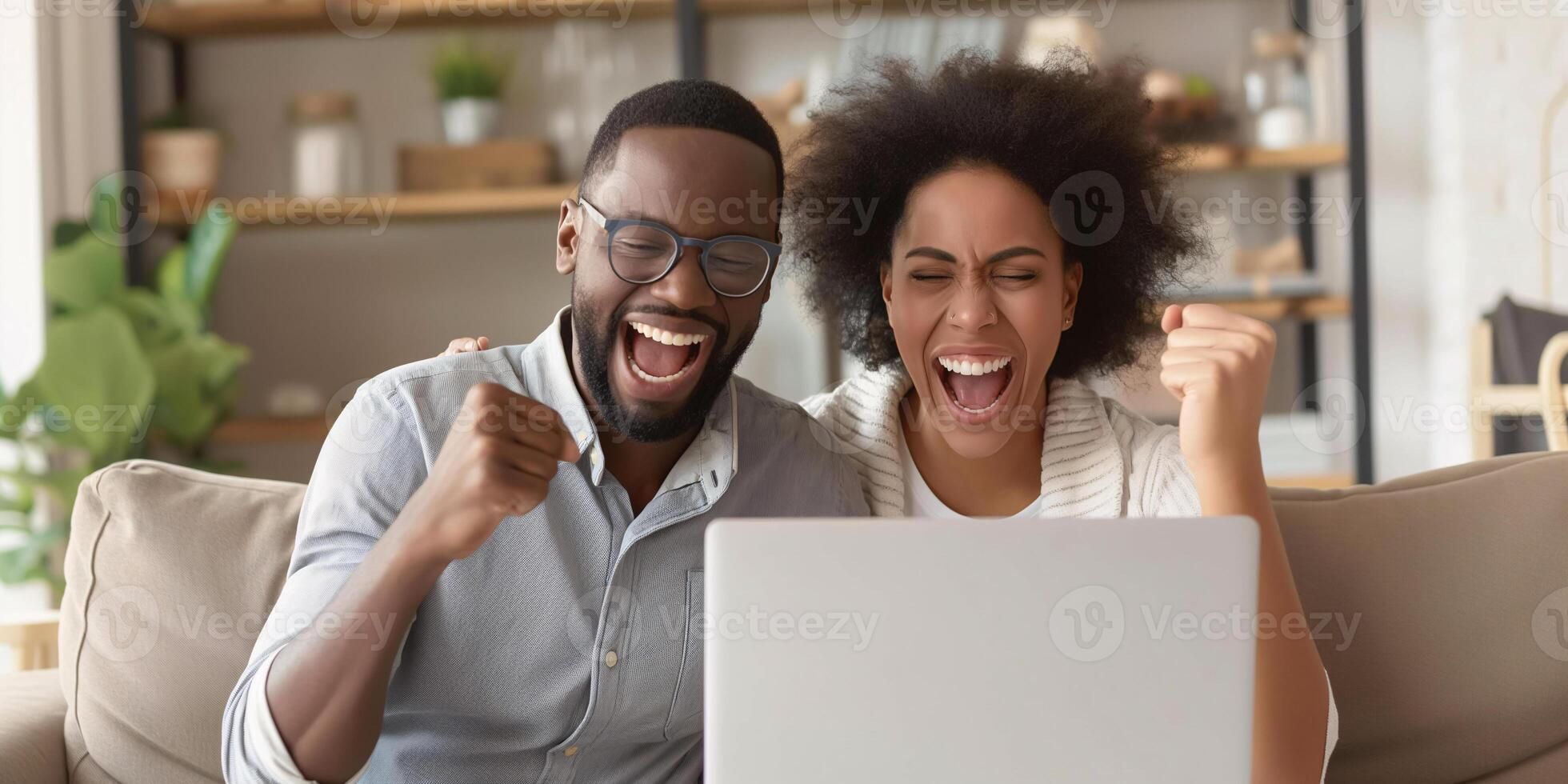AI generated Overjoyed Couple Celebrating a Win with Laptop at Home photo