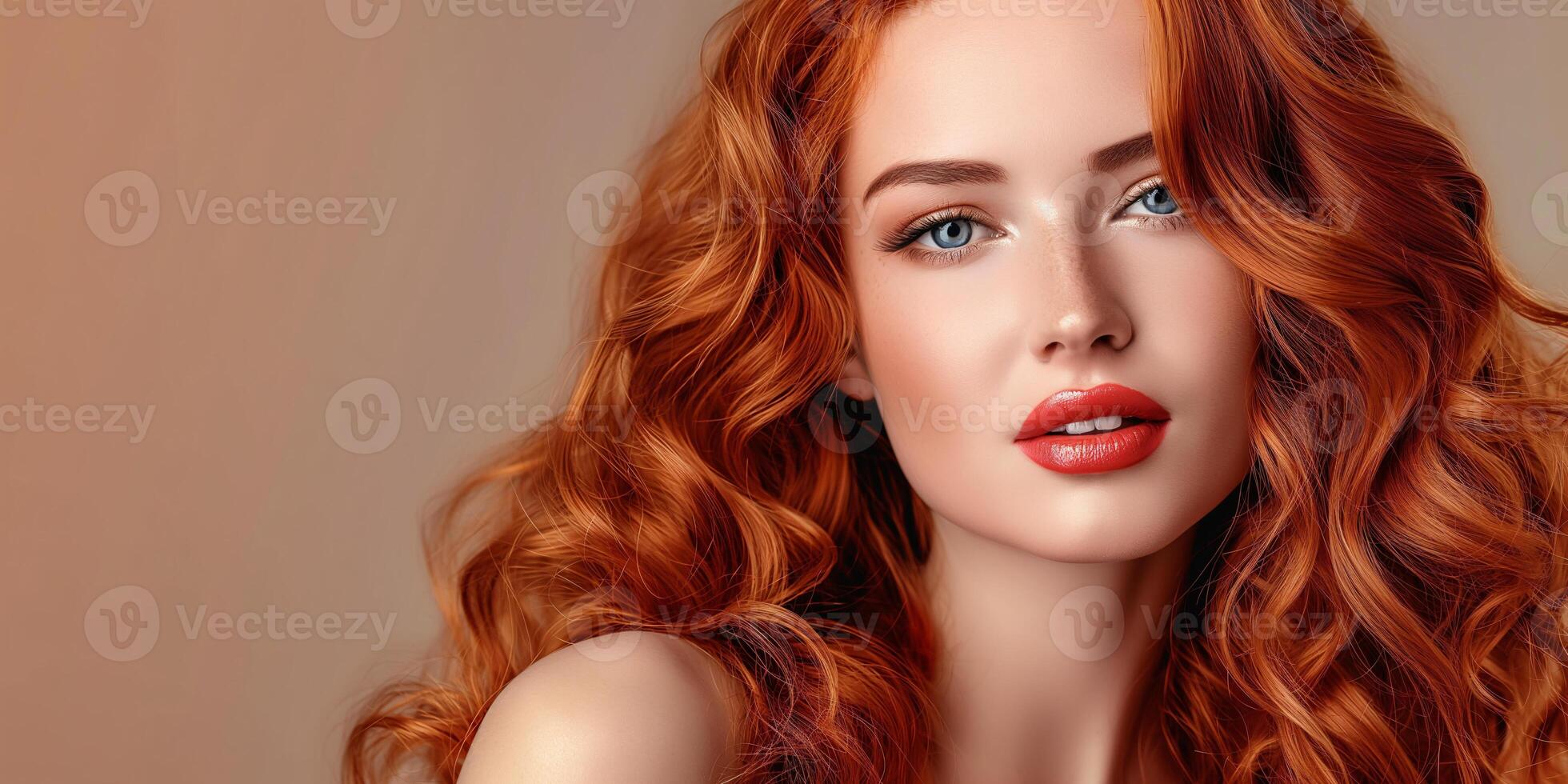 Glamorous Red Haired Woman with Voluptuous Curls and Striking Blue Eyes photo