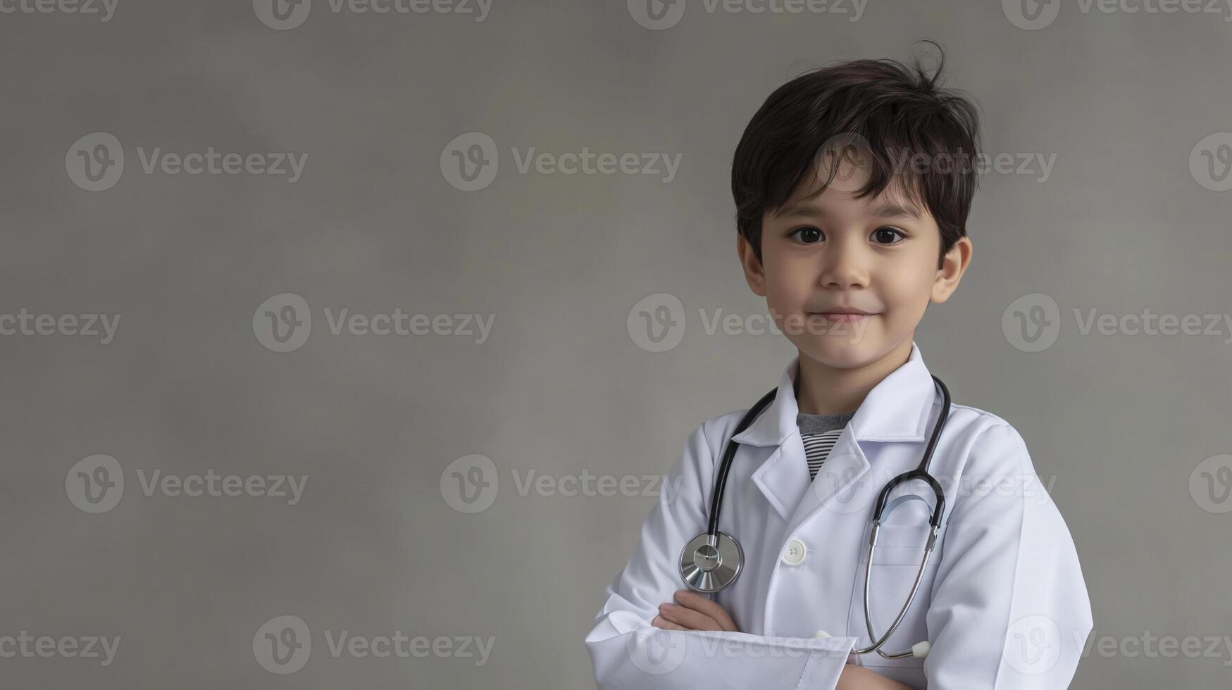 Aspiring Young Doctor Child in White Coat with Stethoscope photo