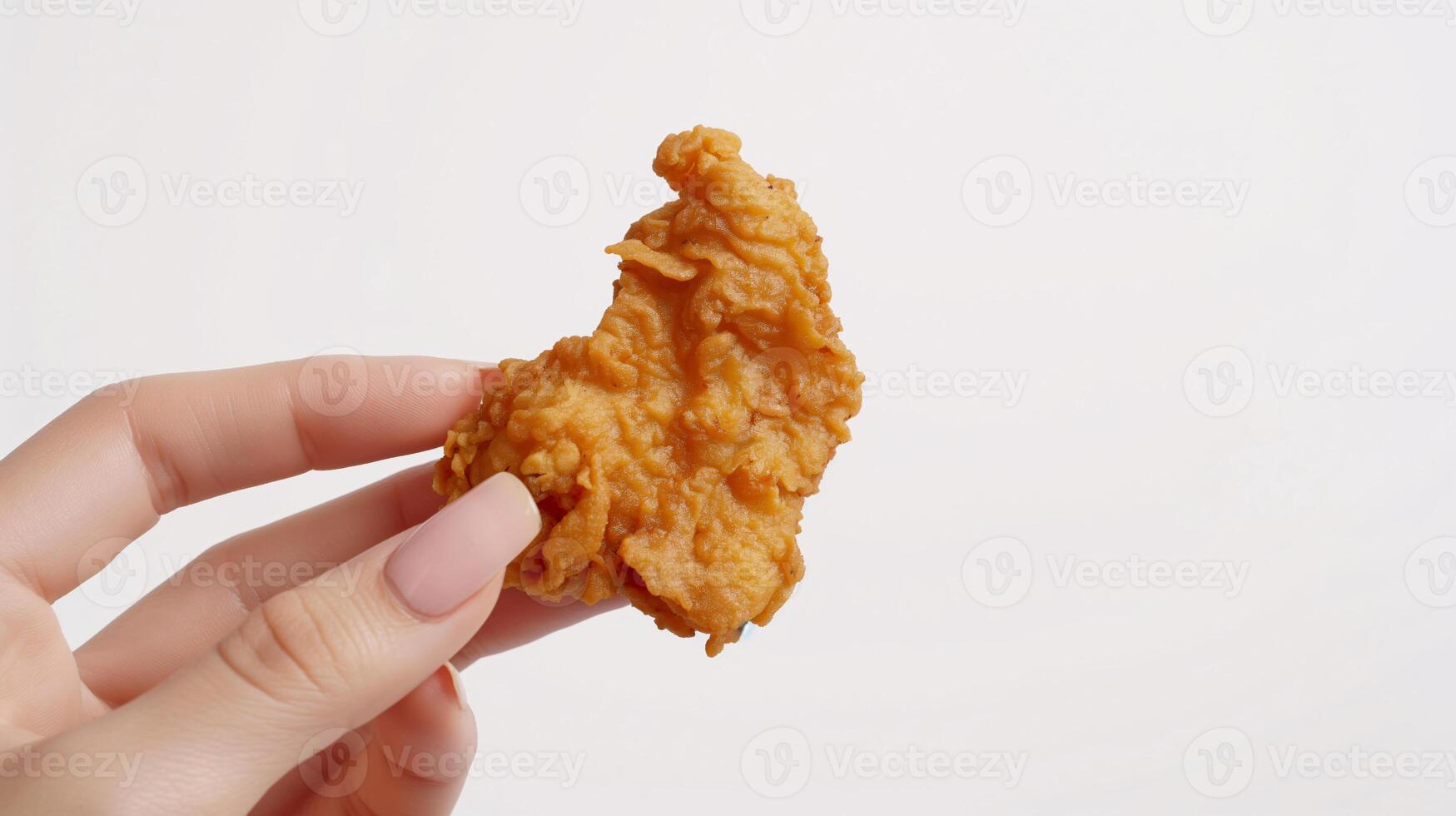 Hand Holding a Crispy Fried Chicken Piece Isolated on White Background photo