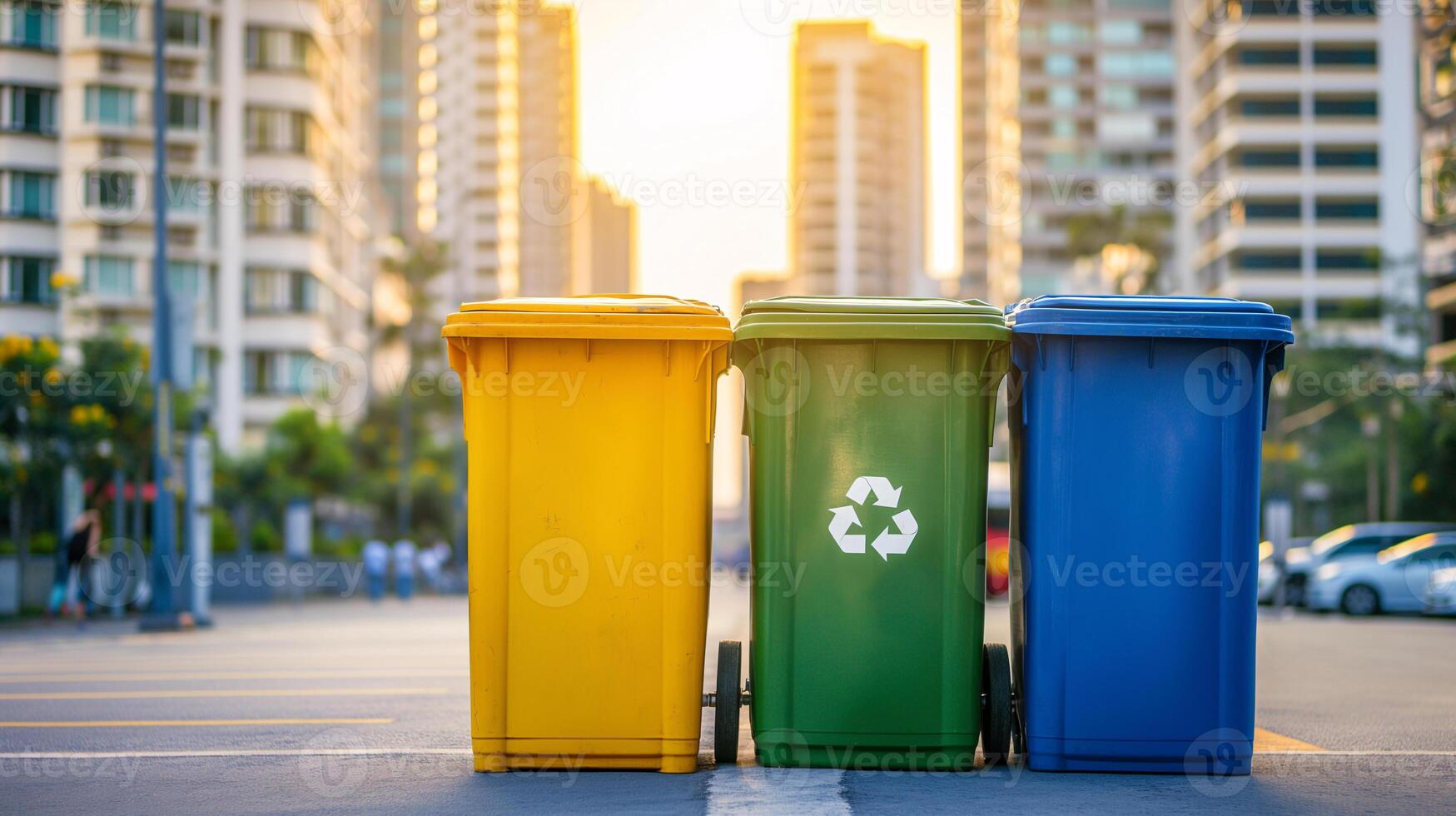 vistoso reciclar contenedores para residuos separación en ciudad acera foto