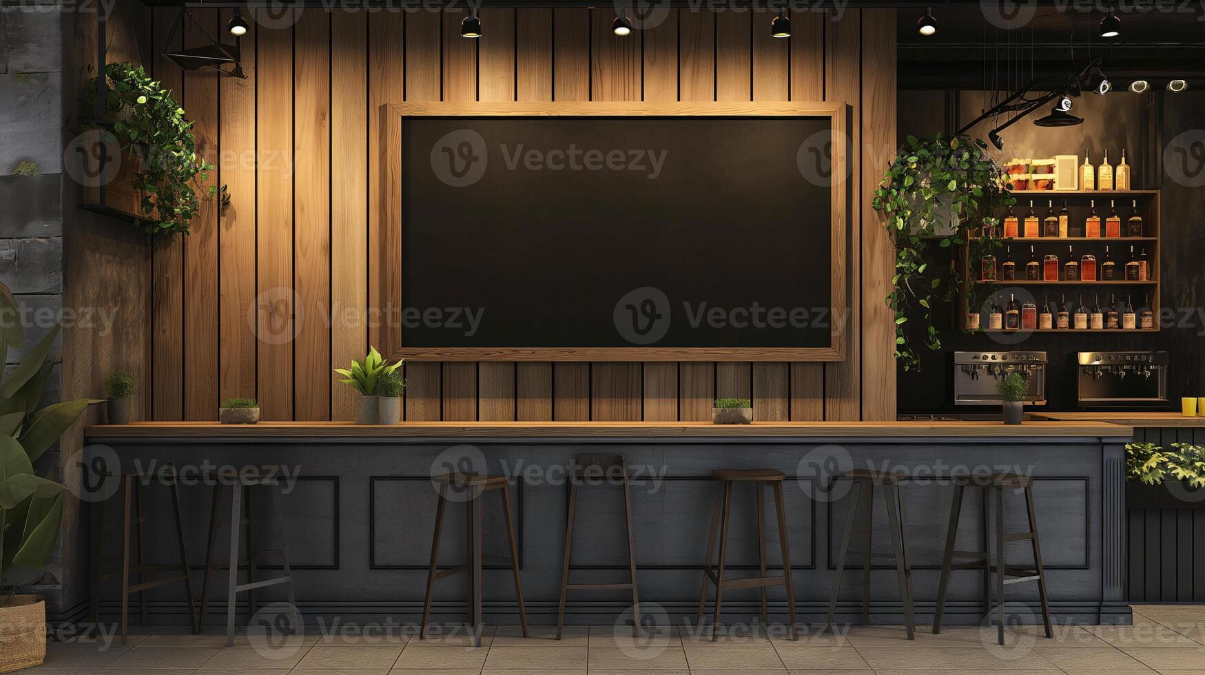 Elegant Restaurant Setting with Empty Menu Chalkboard and Chic Bar Ambience photo