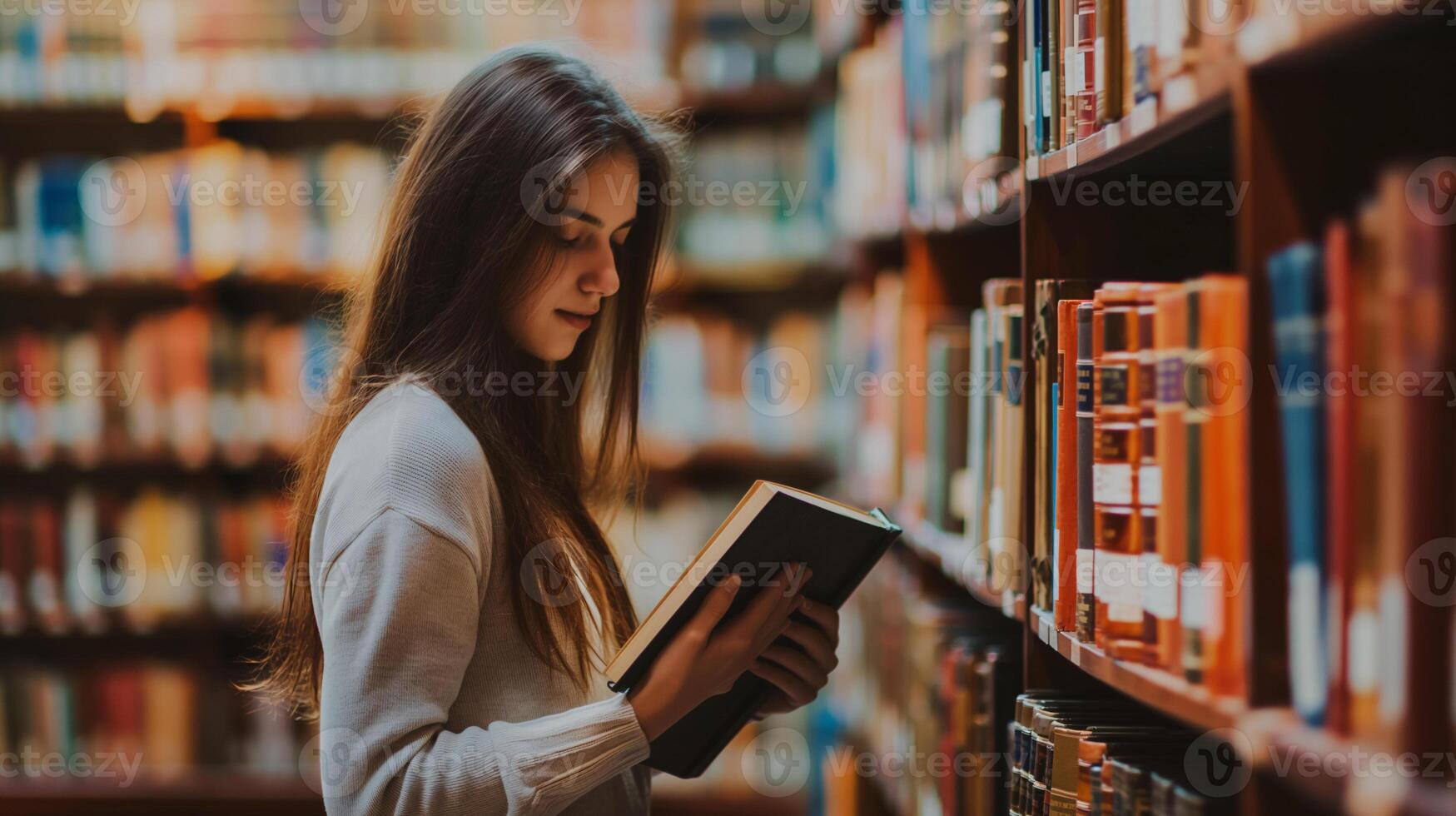 estudioso joven mujer profundamente comprometido en leyendo académico material en un sereno biblioteca ambiente foto