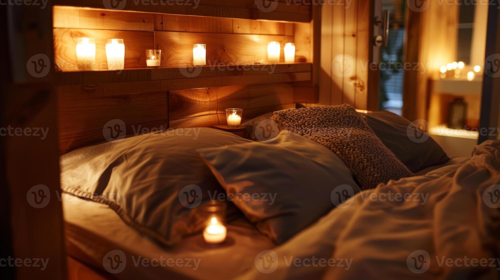 A cozy bedroom is lit by alcoves in the wooden headboard each housing a small candle that adds a touch of romance to the space. 2d flat cartoon photo