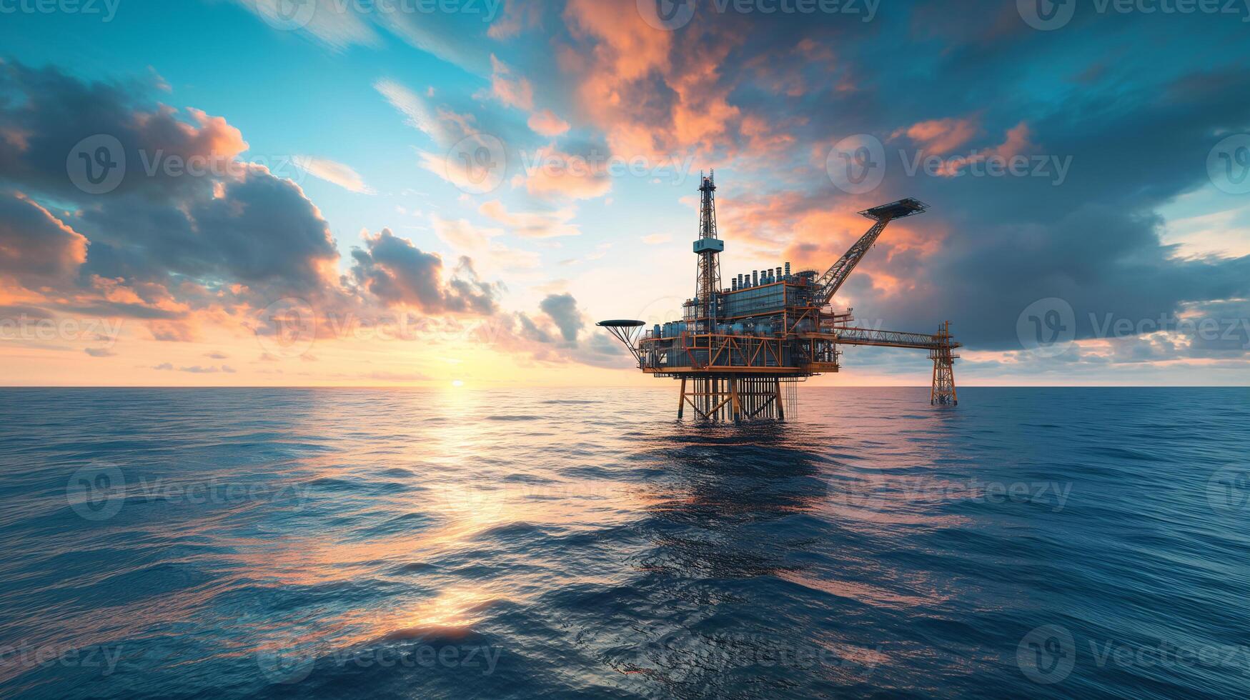 Offshore Oil and Gas Drilling Platform at Sunset in the North Sea photo