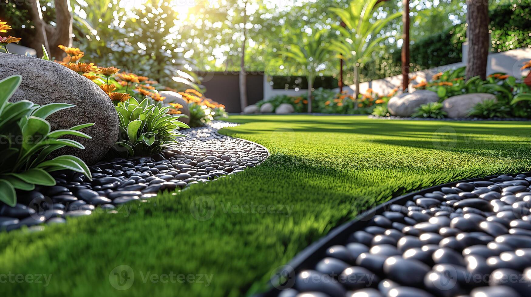 Landscaped Garden Path with Vibrant Flowers and Pebbles photo