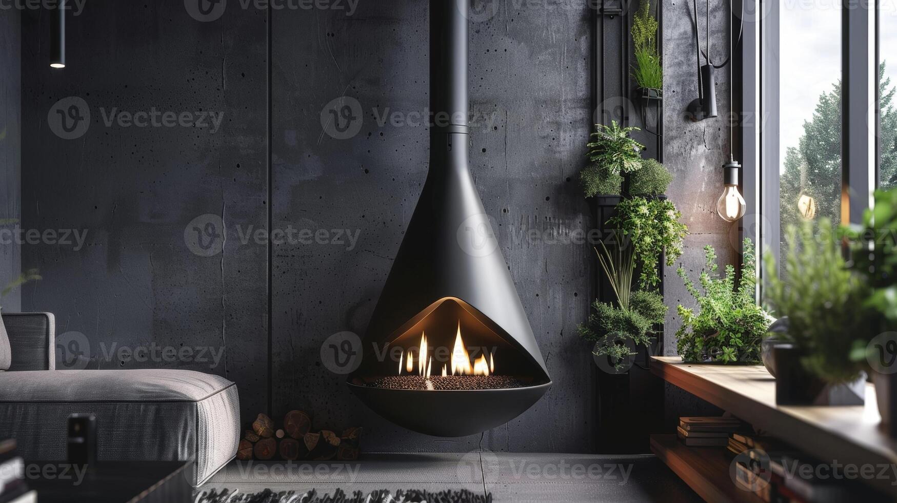 A wallmounted black fireplace offers a unique twist with its integrated herb garden adding a touch of greenery to the otherwise monochromatic room. 2d flat cartoon photo