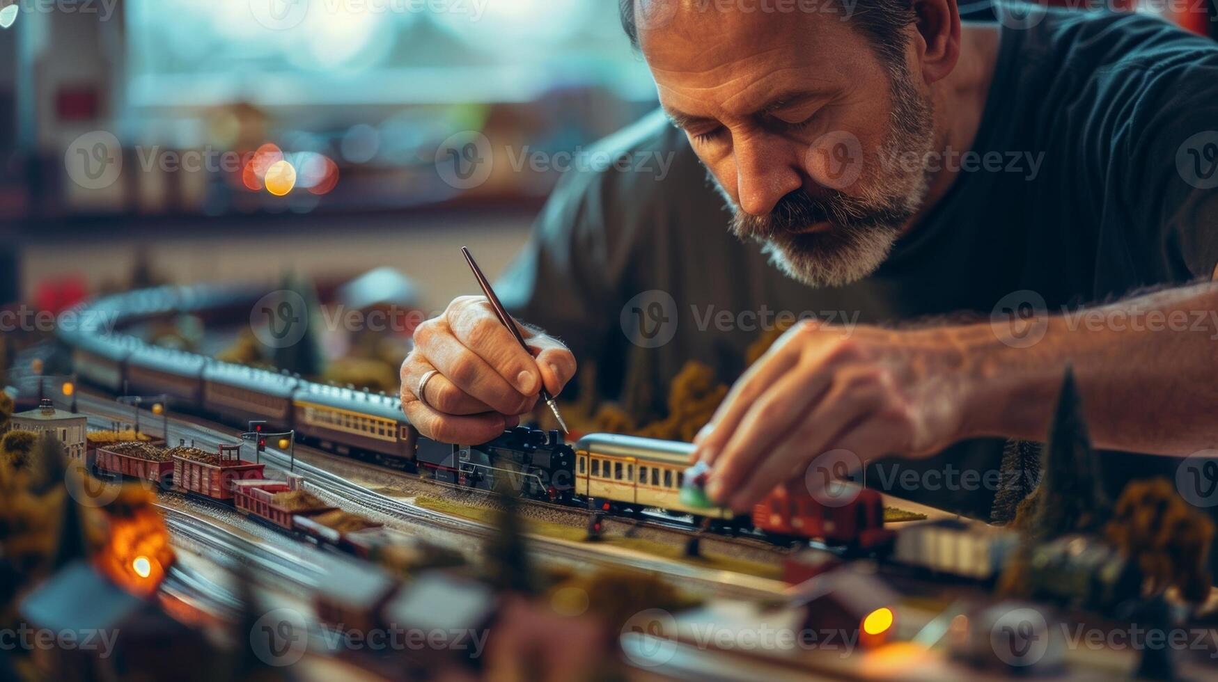 The mans face relaxed and content as he paints intricate details onto a model train photo
