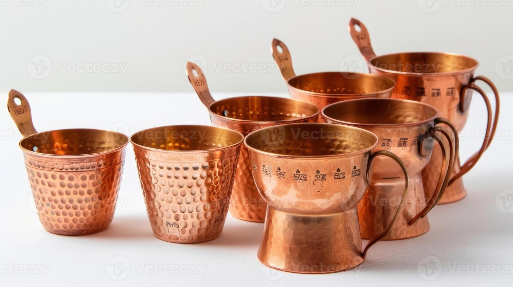 A set of copper measuring cups each with a different shape and etched with bold numbers for precise measurement photo
